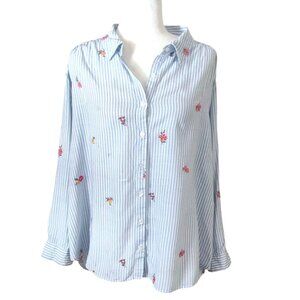 Jane + Delancey 2X Blue/White Striped Button-Up Shirt W/Embroidered Floral Desig
